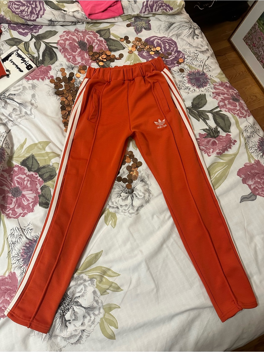 adidas Kids Bright Orange Joggers with White Side Stripes